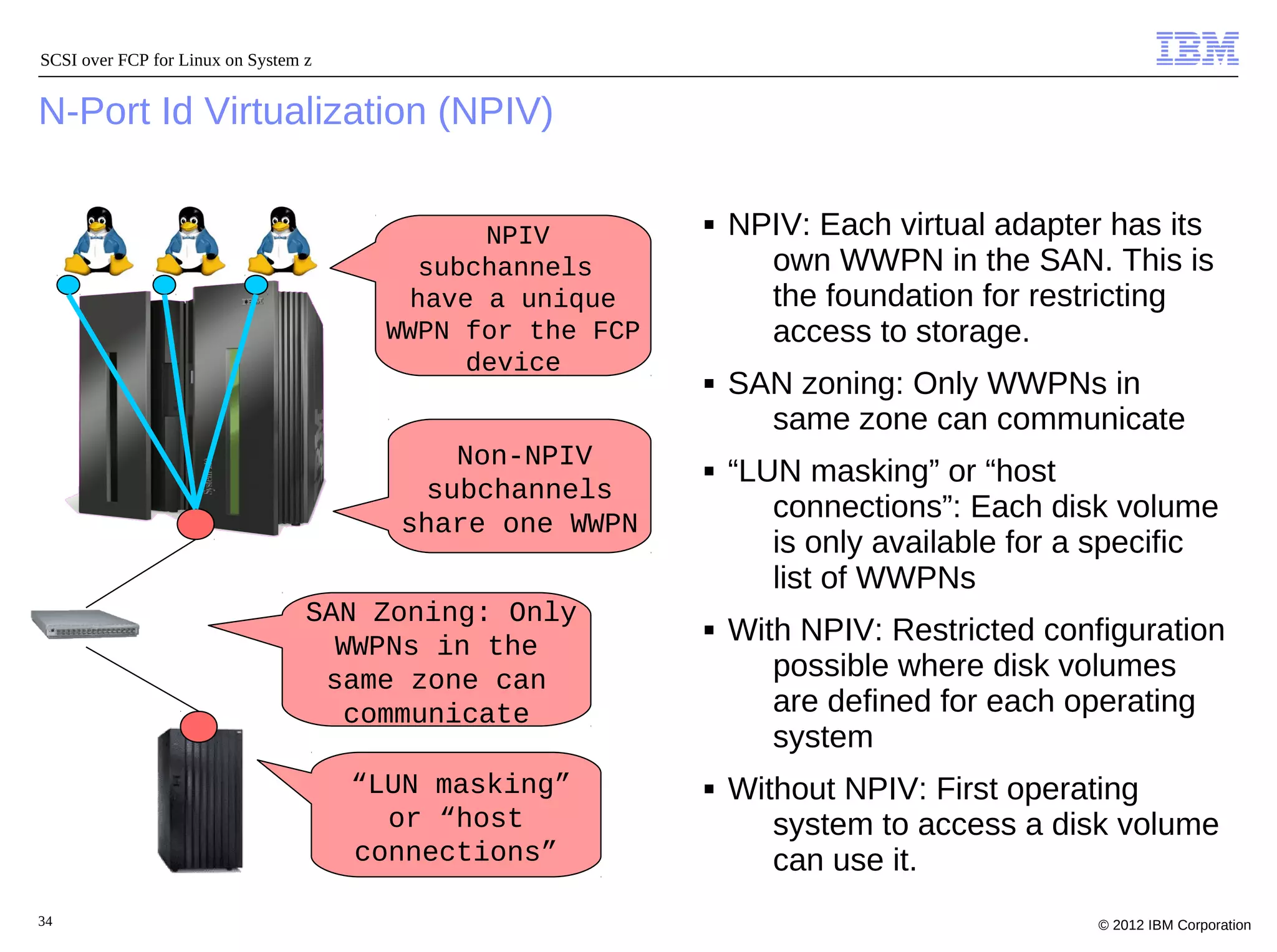 SCSI over FCP for Linux on System z


N-Port Id Virtualization (NPIV)


                                              NPIV
                                                           ■   NPIV: Each virtual adapter has its
                                          subchannels            own WWPN in the SAN. This is
                                         have a unique           the foundation for restricting
                                        WWPN for the FCP         access to storage.
                                             device
                                                           ■   SAN zoning: Only WWPNs in
                                                                 same zone can communicate
                                            Non-NPIV       ■   “LUN masking” or “host
                                          subchannels
                                        share one WWPN
                                                                  connections”: Each disk volume
                                                                  is only available for a specific
                                                                  list of WWPNs
                                  SAN Zoning: Only
                                    WWPNs in the
                                                           ■   With NPIV: Restricted configuration
                                   same zone can                  possible where disk volumes
                                    communicate                   are defined for each operating
                                                                  system
                                      “LUN masking”        ■   Without NPIV: First operating
                                        or “host                  system to access a disk volume
                                      connections”                can use it.
34                                                                                       © 2012 IBM Corporation
 