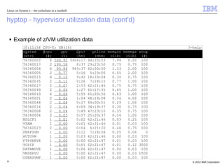 Linux on System z – the toolschain in a nutshell


hyptop - hypervisor utilization data (cont'd)

     ■   Example of z/VM utilization data
            10:11:56 CPU-T: UN(16)                                               ?=help
            system   #cpu    cpu    Cpu+             online memuse memmax wcur
            (str)     (#)    (%)    (hm)              (dhm) (GiB) (GiB) (#)
            T6360003    6 506.92 3404:17           44:20:53   7.99   8.00 100
            T6360017    2 199.58    8:37           29:23:50   0.75   0.75 100
            T6360004    6 99.84 989:37             62:00:00   1.33   2.00 100
            T6360005    2   0.77    0:16            5:23:06   0.55   2.00 100
            T6360015    4   0.15    9:42           18:23:04   0.34   0.75 100
            T6360035    2   0.11    0:26            7:18:15   0.77   1.00 100
            T6360027    2   0.07    2:53           62:21:46   0.75   0.75 100
            T6360049    2   0.06    1:27           61:17:35   0.65   1.00 100
            T6360010    6   0.06    5:55           61:20:56   0.83   1.00 100
            T6360021    2   0.06    1:04           48:19:08   0.34   4.00 100
            T6360048    2   0.04    0:27           49:00:51   0.29   1.00 100
            T6360016    2   0.04    6:09           34:19:37   0.30   0.75 100
            T6360008    2   0.04    3:49           47:23:10   0.35   0.75 100
            T6360006    2   0.03    0:57           25:20:37   0.54   1.00 100
            NSLCF1      1   0.01    0:02           62:21:46   0.03   0.25 100
            VTAM        1   0.00    0:01           62:21:46   0.01   0.03 100
            T6360023    2   0.00    0:04            6:21:20   0.46   0.75 100
            PERFSVM     1   0.00    2:12            7:18:04   0.05   0.06    0
            AUTOVM      1   0.00    0:03           62:21:46   0.00   0.03 100
            FTPSERVE    1   0.00    0:00           62:21:47   0.01   0.03 100
            TCPIP       1   0.00    0:01           62:21:47   0.01   0.12 3000
            DATAMOVE    1   0.00    0:06           62:21:47   0.00   0.03 100
            VMSERVU     1   0.00    0:00           62:21:47   0.00   0.03 1500
            OPERSVMP    1   0.00    0:00           62:21:47   0.00   0.03 100
15                                                                                 © 2012 IBM Corporation
 