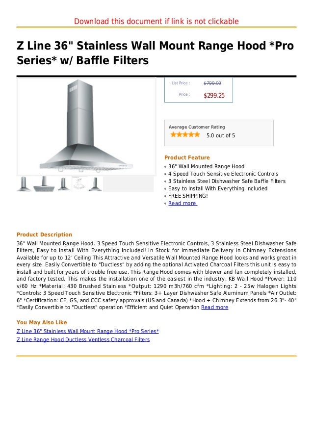 Z line 36 stainless wall mount range hood pro series w baffle filters