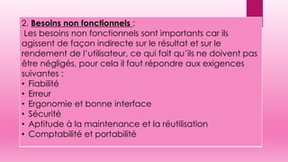 2. Besoins non fonctionnels :
Les besoins non fonctionnels sont importants car ils
agissent de façon indirecte sur le résultat et sur le
rendement de l’utilisateur, ce qui fait qu’ils ne doivent pas
être négligés, pour cela il faut répondre aux exigences
suivantes :
• Fiabilité
• Erreur
• Ergonomie et bonne interface
• Sécurité
• Aptitude à la maintenance et la réutilisation
• Comptabilité et portabilité
 