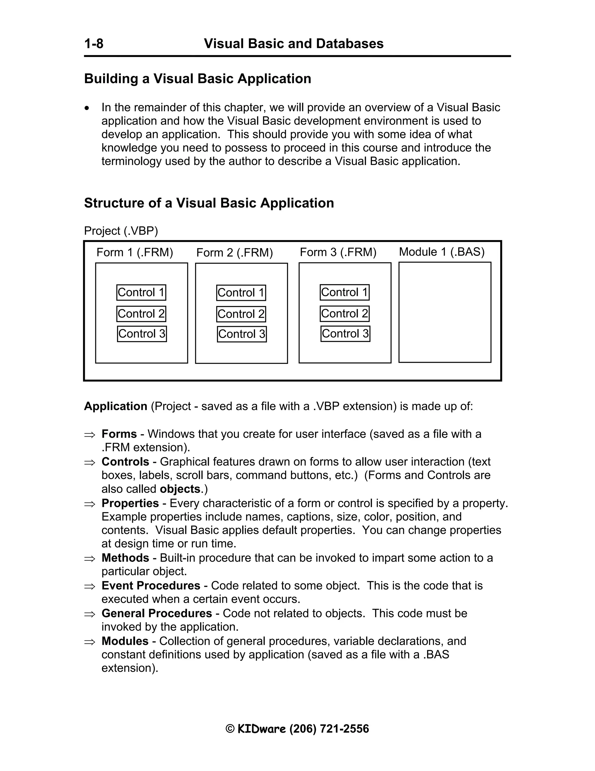 Visual Basic and Databases © KIDware (206) 721-2556 1-8 Control 1 Control 3 Control 2 Form 2 (.FRM) Control 1 Control 3 Control 2 Form 3 (.FRM) Module 1 (.BAS) Building a Visual Basic Application • In the remainder of this chapter, we will provide an overview of a Visual Basic application and how the Visual Basic development environment is used to develop an application. This should provide you with some idea of what knowledge you need to possess to proceed in this course and introduce the terminology used by the author to describe a Visual Basic application. Structure of a Visual Basic Application Project (.VBP) Application (Project - saved as a file with a .VBP extension) is made up of: ⇒ Forms - Windows that you create for user interface (saved as a file with a .FRM extension). ⇒ Controls - Graphical features drawn on forms to allow user interaction (text boxes, labels, scroll bars, command buttons, etc.) (Forms and Controls are also called objects.) ⇒ Properties - Every characteristic of a form or control is specified by a property. Example properties include names, captions, size, color, position, and contents. Visual Basic applies default properties. You can change properties at design time or run time. ⇒ Methods - Built-in procedure that can be invoked to impart some action to a particular object. ⇒ Event Procedures - Code related to some object. This is the code that is executed when a certain event occurs. ⇒ General Procedures - Code not related to objects. This code must be invoked by the application. ⇒ Modules - Collection of general procedures, variable declarations, and constant definitions used by application (saved as a file with a .BAS extension). Control 1 Control 3 Control 2 Form 1 (.FRM) 