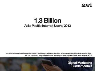 Digital Marketing
Fundamentals
1.3 Billion
Sources: Internet Telecommunications Union http://www.itu.int/en/ITU-D/Statisti...