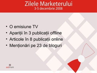 O emisiune TV Apariţii în 3 publicaţii offline Articole în 8 publicaţii online Menţionări pe 23 de bloguri 