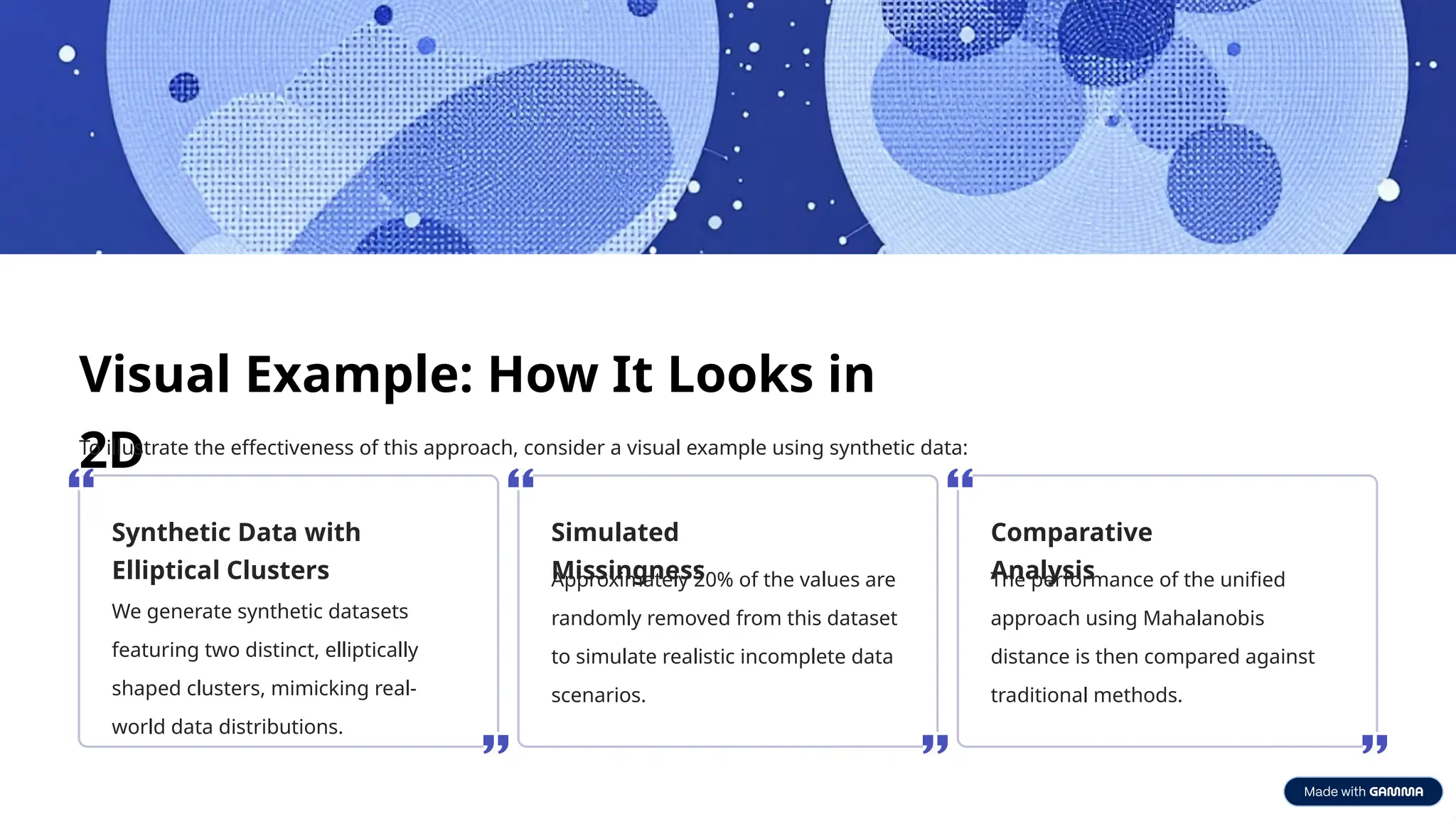 Visual Example: How It Looks in
2D
To illustrate the effectiveness of this approach, consider a visual example using synthetic data:
Synthetic Data with
Elliptical Clusters
We generate synthetic datasets
featuring two distinct, elliptically
shaped clusters, mimicking real-
world data distributions.
Simulated
Missingness
Approximately 20% of the values are
randomly removed from this dataset
to simulate realistic incomplete data
scenarios.
Comparative
Analysis
The performance of the unified
approach using Mahalanobis
distance is then compared against
traditional methods.
 