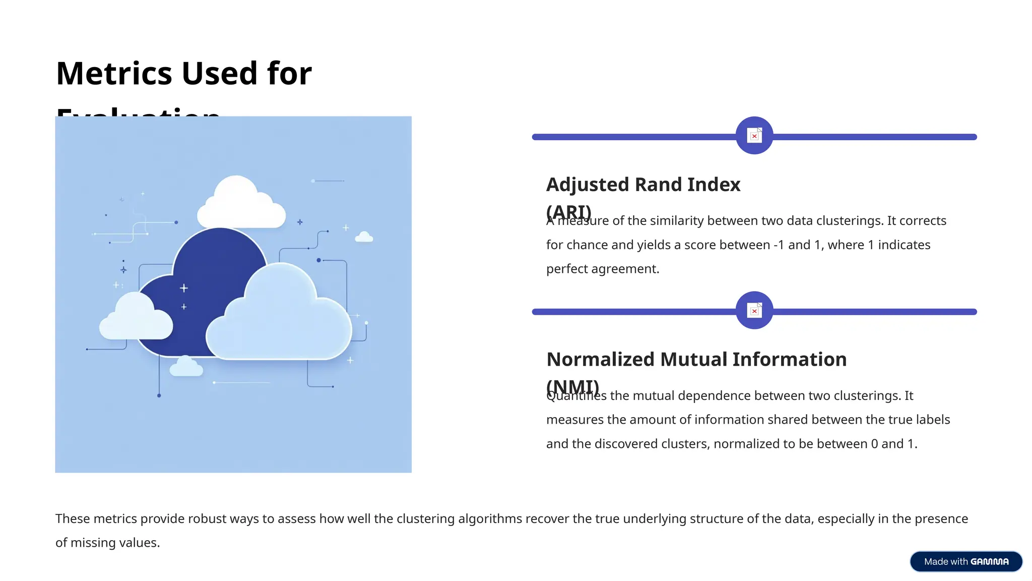Metrics Used for
Evaluation
Adjusted Rand Index
(ARI)
A measure of the similarity between two data clusterings. It corrects
for chance and yields a score between -1 and 1, where 1 indicates
perfect agreement.
Normalized Mutual Information
(NMI)
Quantifies the mutual dependence between two clusterings. It
measures the amount of information shared between the true labels
and the discovered clusters, normalized to be between 0 and 1.
These metrics provide robust ways to assess how well the clustering algorithms recover the true underlying structure of the data, especially in the presence
of missing values.
 