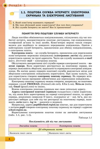 Ðîçäië 1
6
1.1. Поштова служба Інтернету.1.1. Поштова служба Інтернету.1.1. Поштова служба Інтернету.1.1. Поштова служба Інтернету.1.1. Поштова служба Інтернету.1.1. Поштова служба Інтернету.1.1. Поштова служба Інтернету.1.1. Поштова служба Інтернету.1.1. Поштова служба Інтернету.1.1. Поштова служба Інтернету.1.1. Поштова служба Інтернету.1.1. Поштова служба Інтернету.1.1. Поштова служба Інтернету.1.1. Поштова служба Інтернету.1.1. Поштова служба Інтернету.1.1. Поштова служба Інтернету.1.1. Поштова служба Інтернету.1.1. Поштова служба Інтернету.1.1. Поштова служба Інтернету.1.1. Поштова служба Інтернету.1.1. Поштова служба Інтернету.1.1. Поштова служба Інтернету.1.1. Поштова служба Інтернету.1.1. Поштова служба Інтернету.1.1. Поштова служба Інтернету.1.1. Поштова служба Інтернету.1.1. Поштова служба Інтернету.1.1. Поштова служба Інтернету.1.1. Поштова служба Інтернету.1.1. Поштова служба Інтернету. еелектронналектронналектронналектронналектронналектронналектронналектронналектронналектронналектронналектронна
скринька та електронне листуванняскринька та електронне листуванняскринька та електронне листуванняскринька та електронне листуванняскринька та електронне листуванняскринька та електронне листуванняскринька та електронне листуванняскринька та електронне листуванняскринька та електронне листуванняскринька та електронне листуванняскринька та електронне листуванняскринька та електронне листуванняскринька та електронне листуванняскринька та електронне листуванняскринька та електронне листуванняскринька та електронне листуванняскринька та електронне листуванняскринька та електронне листуванняскринька та електронне листуванняскринька та електронне листуванняскринька та електронне листуванняскринька та електронне листуванняскринька та електронне листуванняскринька та електронне листуванняскринька та електронне листуванняскринька та електронне листуванняскринька та електронне листуванняскринька та електронне листуванняскринька та електронне листуванняскринька та електронне листуванняскринька та електронне листуванняскринька та електронне листуванняскринька та електронне листування
1. Який комп’ютер називають сервером?
2. Що таке обліковий запис користувача? Для чого його створюють?
3. Які служби Інтернету ви знаєте? Яке їх призначення?
Поняття Про Поштову службу Інтернету
Люди постійно обмінюються повідомленнями, спілкуючись під час осо-
бистої зустрічі, використовуючи поштове листування, смс-повідомлення,
телефонний зв’язок та інші засоби. Комп’ютерні мережі також створю-
валися для надійного та швидкого передавання повідомлень. Однією з
найстаріших служб Інтернету, призначеною для обміну повідомленнями,
є електронна пошта.
електронна пошта – це служба Інтернету, призначена для пересилання
комп’ютерними мережами повідомлень (електронних листів) від деякого
користувача одному чи групі адресатів. Часто цю службу називають e-mail
(англ. electronic mail – електронна пошта).
Обслуговують використання цієї служби сервери електронної пошти – по-
штові сервери. Коли користувач реєструється на поштовому сервері, він
отримує можливість зберігати, надсилати та отримувати електронні повідом-
лення. На носіях даних серверів поштової служби виділяється місце для
зберігання електронних повідомлень користувача. При цьому кажуть, що
для користувача створено електронну поштову скриньку. На серверах вста-
новлюється також програмне забезпечення для пересилання повідомлень.
Електронну поштову скриньку можна створити, наприклад, на поштових
серверах служб FREEMAIL (freemail.ukr.net), I.Ua (i.ua), Meta.ua (meta.
ua), Gmail (gmail.com) та інших.
Кожна електронна поштова скринька має свою унікальну адресу.
адреса електронної поштової скриньки складається з імені користува-
ча, під яким його зареєстровано на сервері електронної пошти, та адреси
сервера, розділених символом @ (англ. комерційне at – на). Ім’я, яке ко-
ристувач вибирає для себе під час реєстрації на поштовому сервері, нази-
вають логін (англ. log in – заносити в журнал).
Наприклад, адреса pupil@school.region.ua означає, що для користувача
з логіном pupil створено електронну поштову скриньку на сервері з адресою
school.region.ua.
Користування електронною поштою схоже на звичайне листування
(табл. 1.1, рис. 1.1).
Òàáëèöÿ 1.1
Послідовність дій під час листування
Звичайна пошта Електронна пошта
Дії відправника листа
Написати текст листа Написати текст листа
1. Який комп’ютер називають сервером?
2. Що таке обліковий запис користувача? Для чого його створюють?
3. Які служби Інтернету ви знаєте? Яке їх призначення?
 