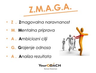 Z.M.A.G.A.
• Z . Zmagovalna naravnanost
• M. Mentalna priprava
• A . Ambiciozni cilji
• G. Grajenje odnosa
• A . Analiza rezultata
Roman Peterman
 