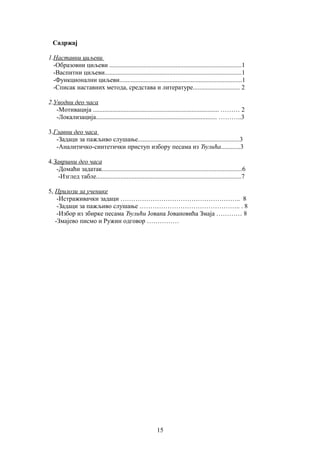 Садржај 
1.Наставни циљеви 
-Образовни циљеви ..................................................................................1 
-Васпитни циљеви.....................................................................................1 
-Функционални циљеви............................................................................1 
-Списак наставних метода, средстава и литературе............................. 2 
2.Уводни део часа 
-Мотивација .............................................................................. ……… 2 
-Локализација........................................................................... ………..3 
3.Главни део часа 
-Задаци за пажљиво слушање...............................................................3 
-Аналитичко-синтетички приступ избору песама из Ђулића............3 
4.Завршни део часа 
-Домаћи задатак.......................................................................................6 
-Изглед табле..........................................................................................7 
5, Прилози за ученике 
-Истраживачки задаци ……………………………………………….. 8 
-Задаци за пажљиво слушање ……………………………………….. . 8 
-Избор из збирке песама Ђулићи Јована Јовановића Змаја ………… 8 
-Змајево писмо и Ружин одговор …………… 
1 5 
