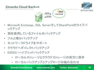 Zmanda	
 ?Cloud	
 ?Backup	
 ?



?? Microsoft ExchangeSQL ServerSharePointΥ饤֥
   åå	
?? FʹäƤեΥХåå	
?? եȉ֥Хåå	
?? ͥåȥ`ɥ饤֤򥵥ݩ`	
?? 饦ɤإ쥯ȥХåå	
?? D2D2C/ϥ֥åɥХåå	
     ?? `륹ȥ`ȥ饦ɥȥ`΁I˱	
     ?? `Хååפȥåץ`ɤνMߺϤ碌	
    Zmanda	
 ?Cloud	
 ?Backup	
 ?	
 ?	
 ?	
 ?	
 ?	
 ?	
 ?	
 ?www.zmanda.com	
 ?	
 ?	
 ?	
 ?	
 ?	
 ?	
 ?	
 ?	
 ?Twi5er:	
 ?@zmanda	
 ?   10	
 ?
 