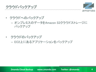 饦ɥХåå	

?? 饦ɤؤΥХåå	
    C? ץߥΥǩ`Amazon S3饦ɥȥ`
       Хåå	
	
??   饦ɤΥХåå	
     C? EC2Ϥˤ륢ץꥱ`Хåå 	




     Zmanda	
 ?Cloud	
 ?Backup	
 ?	
 ?	
 ?	
 ?	
 ?	
 ?	
 ?	
 ?www.zmanda.com	
 ?	
 ?	
 ?	
 ?	
 ?	
 ?	
 ?	
 ?	
 ?Twi5er:	
 ?@zmanda	
 ?   4	
 ?
 
