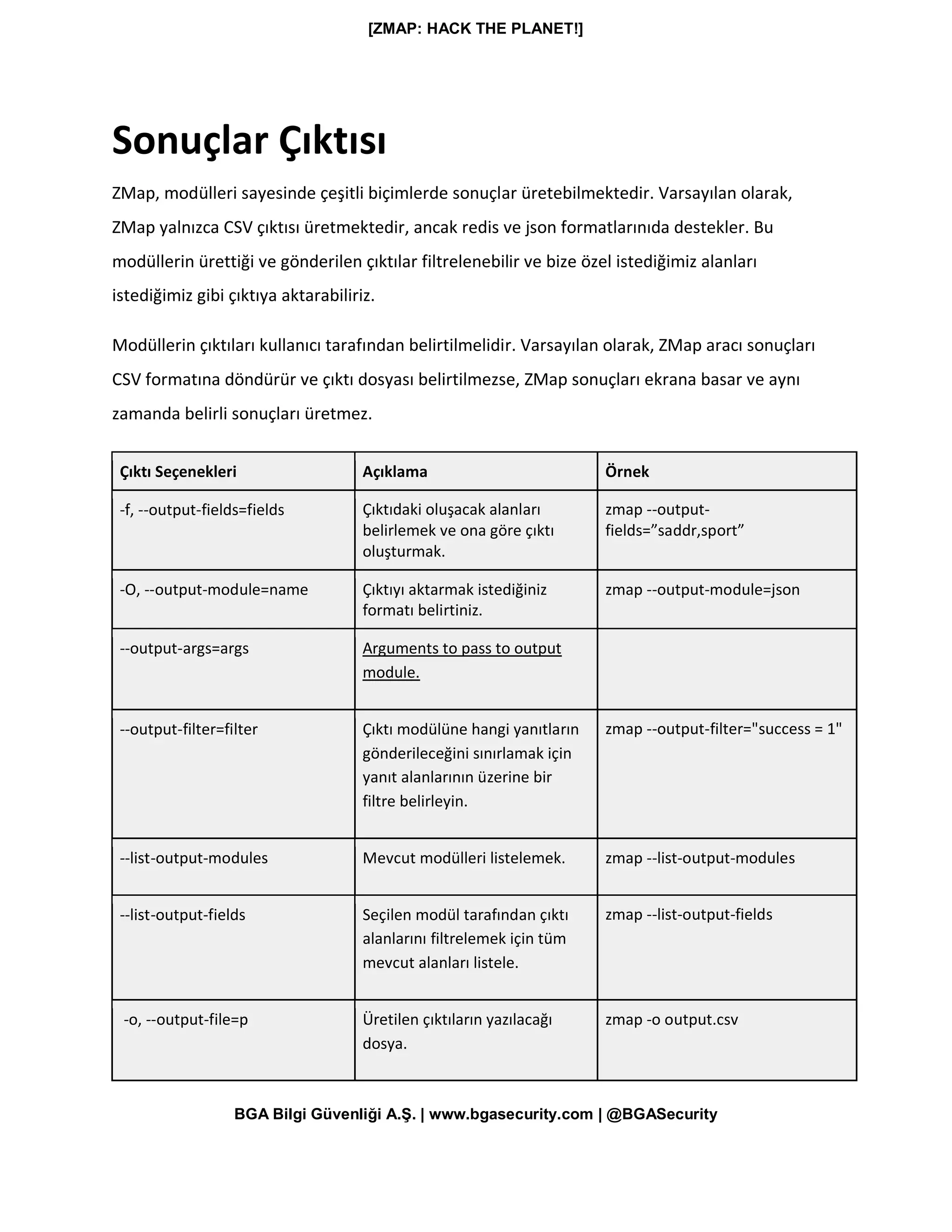 [ZMAP: HACK THE PLANET!]
BGA Bilgi Güvenliği A.Ş. | www.bgasecurity.com | @BGASecurity
Sonuçlar Çıktısı
ZMap, modülleri sayesinde çeşitli biçimlerde sonuçlar üretebilmektedir. Varsayılan olarak,
ZMap yalnızca CSV çıktısı üretmektedir, ancak redis ve json formatlarınıda destekler. Bu
modüllerin ürettiği ve gönderilen çıktılar filtrelenebilir ve bize özel istediğimiz alanları
istediğimiz gibi çıktıya aktarabiliriz.
Modüllerin çıktıları kullanıcı tarafından belirtilmelidir. Varsayılan olarak, ZMap aracı sonuçları
CSV formatına döndürür ve çıktı dosyası belirtilmezse, ZMap sonuçları ekrana basar ve aynı
zamanda belirli sonuçları üretmez.
Çıktı Seçenekleri Açıklama Örnek
-f, --output-fields=fields Çıktıdaki oluşacak alanları
belirlemek ve ona göre çıktı
oluşturmak.
zmap --output-
fields=”saddr,sport”
-O, --output-module=name Çıktıyı aktarmak istediğiniz
formatı belirtiniz.
zmap --output-module=json
--output-args=args Arguments to pass to output
module.
--output-filter=filter Çıktı modülüne hangi yanıtların
gönderileceğini sınırlamak için
yanıt alanlarının üzerine bir
filtre belirleyin.
zmap --output-filter="success = 1"
--list-output-modules Mevcut modülleri listelemek. zmap --list-output-modules
--list-output-fields Seçilen modül tarafından çıktı
alanlarını filtrelemek için tüm
mevcut alanları listele.
zmap --list-output-fields
-o, --output-file=p Üretilen çıktıların yazılacağı
dosya.
zmap -o output.csv
 