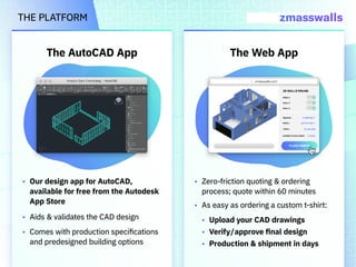 THE PLATFORM
The AutoCAD App The Web App
Our design app for AutoCAD,
available for free from the Autodesk
App Store
Aids &...