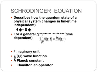 SCHRODINGER EQUATION
 Describes how the quantum state of a
physical system changes in time(time
independent)
H ψ= E ψ
 For a general quantum system(time
dependent)
 i imaginary unit
 Ψ(r,t) wave function
 ħ Planck constant
 Hamiltonian operator
 