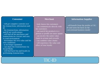 Consumer                             Merchant                       Information Supplier

- will get complete controle over     - truly knows his customers
his transactions, information and                                        - will benefit from the profits of TIC-
                                      - can communicate directly with
ID                                                                       ID and turns his back on the
                                      his customers
- his (trans)actions, information                                        conventional business model
                                      - can match his products to a
and ID are worth money
- will find all his purchases and     person or profile (no more spam)
transactions in a secure and easy     - can involve the entire value
to read environment                   chain in actions and rewards
- determines his own value and his    - can combine value chains
own conditions                        - will experience the value and
- is no longer spammed                effect of true loyalty
- can share his (trans)actions via
Social Media
- will find back fun and loyalty in
performing (trans)actions



                                               TIC-ID
 