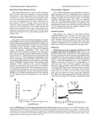 Tetrahydrohyperforin Effects in Hippocampal Slices Current Medicinal Chemistry, 2014, Vol. 21, No. 1 3 
Morris Water Maze Behavioural Task 
After drug administration, a total of twenty wild-type 
mice (8 months old) were subjected to 5 days of training 
followed by a 2-day resting period and a final three days 
of training. A circular white pool was made opaque with 
non-toxic white paint, and a platform was hidden (diame-ter: 
9 cm) in quadrant four. The water temperature was 
kept between 18-20 C. Testing criteria were achieved 
when the animal reached the platform within 60 sec and 
stayed on it for a minimum of 3 sec. When finished, the 
animals were returned to their cages, following protocols 
previously established by our group [19]. The data were 
gathered and analysed with a video tracking system (HVS 
Imagen, UK). 
Molecular Docking 
The crystal structure of the human pregnane X receptor 
(PXR; PDB entry 1m13) [20] was downloaded from the Pro-tein 
Data Bank and prepared for docking with the Molecular 
Operating Environment (MOE) version 2011.10 (Chemical 
Computing Group, Montreal, Canada). Hydrogen atoms 
were added, and the complex was subjected to restrained 
energy minimisation (AMBER10 force field with 
parm@frosst small molecules parameters and Generalised 
Born solvation model) until the RMS gradient fell below 
0.05 kcal (mol Å)-1. Molecular docking was performed with 
GOLD version 5.1 (The Cambridge Crystallographic Data 
Centre, Cambridge, UK) [21]. Residues within 8 Å from the 
co-crystallised ligand Hyperforin were defined as the binding 
pocket. CHEMPLP scoring functions and automatic search 
parameters (200% efficiency) were selected. Hydrogen 
bonds were constrained to favour interaction with residues 
Ser-247, Gln-285 and His-407. Water molecules and the co-crystallised 
ligand Hyperforin were removed, and ten dock-ing 
poses were generated. The root mean squared deviation 
(RMSD) of co-ordinates of equivalent atoms was calculated 
for the docking poses with Hyperforin as the reference 
ligand. 
Pharmacophore Alignment 
Up to 10,000 conformers were generated for each ana-lysed 
compound with the LowModeMD search method of 
MOE, which employs a short molecular dynamics simulation 
utilising velocities with low kinetic energy on the high-frequency 
vibrational modes [22]. Then, an exhaustive 
search for all pharmacophore queries that showed good 
structural overlay with the conformers was performed. The 
pharmacophore queries were restricted to include a minimum 
of one H-bond donor and two H-bond acceptors, with 
spherical projection sites of radius 1 Å. 
Statistical Analysis 
Data analysis was carried out with Prism software 
(GraphPad Software Inc., La Jolla, CA). The results were 
expressed as the means ± S.E. For statistical analysis, nor-mally 
distributed data were analysed by one-way ANOVA 
with a posteriori tests performed using Tukey’s test. Non-normally 
distributed data were analysed by the Kruskal– 
Wallis test with post hoc tests performed using Dunn’s test. 
RESULTS 
IDN5706 increases the amplitude of fEPSP and LTP 
in hippocampal slices from wild-type mice. First, we ex-plored 
the effectiveness of IDN5706 in mouse hippocampal 
slices by measuring the field excitatory postsynaptic poten-tial 
(fEPSP) and long-term potentiation (LTP). We measured 
fEPSPs at increasing concentrations of IDN5706 and deter-mined 
a concentration-dependent rise in the amplitude of 
fEPSPs, with an EC50 of 0.5 g mL-1 (corresponding to ~1 
M) (Fig. 1A). Then, LTP was generated using high-frequency 
stimulation (HFS; 100 Hz, 500 ms, three stimula-tion 
trains). LTP induction was stronger in slices exposed to 
1 M IDN5706, compared to the control ACSF solution 
(2.96 ± 0.17 r.u. vs. 2.16 ± 0.19 r.u., N=3); in both condi-tions, 
LTP was stable for at least 1 hour after stimulation 
(Fig. 1B). These data suggest that IDN5706 alters basal neu-ronal 
activity, facilitates LTP induction, and positively alters 
Fig. (1). IDN5706 improves LTP in hippocampal slices from wild-type animals. A) Dose-response curve for fEPSP amplitude in hippo-campal 
slices from 2-month-old mice in the presence of increasing concentrations of IDN5706. An EC50 of 0.5 g mL-1 (~1 M) was deter-mined. 
B) LTP analysis in hippocampal slices of wild-type mice, stimulated through high frequency stimulation (HFS) at time point zero 
(arrow). Slices were treated with 1 M IDN5706 (filled triangles) for 20 min (horizontal line) or bathed in ACSF (control; empty circles). 
Representative traces for each group are shown in the inset. 
 