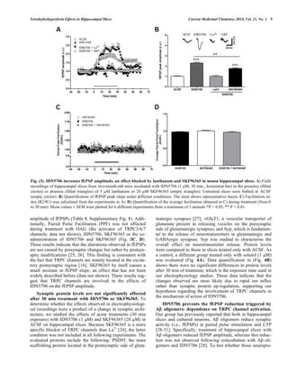 Tetrahydrohyperforin Effects in Hippocampal Slices Current Medicinal Chemistry, 2014, Vol. 21, No. 1 5 
Fig. (3). IDN5706 increases fEPSP amplitude, an effect blocked by lanthanum and SKF96365 in mouse hippocampal slices. A) Field 
recordings of hippocampal slices from two-month-old mice incubated with IDN5706 (1 μM, 30 min., horizontal bar) in the presence (filled 
circles) or absence (filled triangles) of 5 μM lanthanum or 20 μM SKF96365 (empty triangles). Untreated slices were bathed in ACSF 
(empty circles). B) Quantification of fEPSP peak slope under different conditions. The inset shows representative traces. C) Facilitation in-dex 
(R2/R1) was calculated from the experiments in A). D) Quantification of the average facilitation obtained in C) during treatment (from 0 
to 30 min). Mean values ± SEM were plotted for 6 different experiments from a minimum of 3 animals *P  0.05, ** P  0.01. 
amplitude of fEPSPs (Table 1, Supplementary Fig. 1). Addi-tionally, 
Paired Pulse Facilitation (PPF) was not affected 
during treatment with OAG (the activator of TRPC3/6/7 
channels; data not shown), IDN5706, SKF96365 or the co-administration 
of IDN5706 and SKF96365 (Fig. 3C, D). 
These results indicate that the alterations observed in fEPSPs 
are not caused by presynaptic changes but rather by postsyn-aptic 
modifications [25, 26]. This finding is consistent with 
the fact that TRPC channels are mainly located at the excita-tory 
postsynaptic region [16]. SKF96365 by itself causes a 
small increase in fEPSP slope, an effect that has not been 
widely described before (data not shown). These results sug-gest 
that TRPC channels are involved in the effects of 
IDN5706 on the fEPSP amplitude. 
Synaptic protein levels are not significantly affected 
after 30 min treatment with IDN5706 or SKF96365. To 
determine whether the effects observed in electrophysiologi-cal 
recordings were a product of a change in synaptic archi-tecture, 
we studied the effects of acute treatments (30 min 
exposure) with IDN5706 (1 μM) and SKF96365 (20 μM) in 
ACSF on hippocampal slices. Because SKF96365 is a more 
specific blocker of TRPC channels than La3+ [24], the latter 
condition was not included in all following experiments. The 
evaluated proteins include the following: PSD95, the main 
scaffolding protein located in the postsynaptic side of gluta-matergic 
synapses [27]; vGluT1, a vesicular transporter of 
glutamate present in releasing vesicles on the presynaptic 
side of glutamatergic synapses; and Syp, which is fundamen-tal 
to the release of neurotransmitters in glutamatergic and 
GABAergic synapses. Syp was studied to characterise the 
overall effect on neurotransmitter release. Protein levels 
were compared to those in slices treated only with ACSF. As 
a control, a different group treated only with solutol (1 μM) 
was evaluated (Fig. 4A). Data quantification in (Fig. 4B) 
shows there were no significant differences in protein levels 
after 30 min of treatment, which is the exposure time used in 
our electrophysiology studies. These data indicate that the 
changes observed are most likely due to rapid ion influx 
rather than synaptic protein up-regulation, supporting our 
hypothesis regarding the involvement of TRPC channels in 
the mechanism of action of IDN5706. 
IDN5706 prevents the fEPSP reduction triggered by 
A oligomers: dependence on TRPC channel activation. 
Our group has previously reported that both in hippocampal 
slices and cultured neurons, A oligomers reduce synaptic 
activity (i.e., fEPSPs) in paired pulse stimulation and LTP 
[28-31]. Specifically, treatment of hippocampal slices with 
A oligomers reduced fEPSP amplitude, whereas this reduc-tion 
was not observed following coincubation with A oli-gomers 
and IDN5706 [28]. To test whether these neuropro- 
 