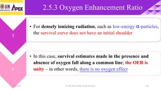 2.5.3 Oxygen Enhancement Ratio
109
5
• For densely ionizing radiation, such as low-energy α-particles,
the survival curve does not have an initial shoulder
6
• In this case, survival estimates made in the presence and
absence of oxygen fall along a common line; the OER is
unity – in other words, there is no oxygen effect
22/3/2017 Dr. Nik Noor Ashikin Bt Nik Ab Razak
 