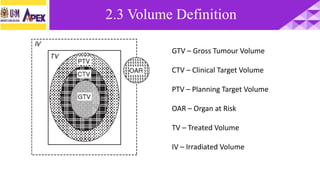 GTV – Gross Tumour Volume
CTV – Clinical Target Volume
PTV – Planning Target Volume
OAR – Organ at Risk
TV – Treated Volume
IV – Irradiated Volume
2.3 Volume Definition
 