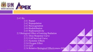 2.4 5 Rs
2.4.1 Repair
2.4.2 Repopulation
2.4.3 Reoxygenation
2.4.4 Redistribution
2.4.5 Radiosensitivity
2.5 Biological Effect of Ionizing Radiation
2.5.1 Dose Response Curve
2.5.2 Cell Survival Curve
2.5.3 Systemic Effects
2.5.4 Oxygen Effect
2.5.5 LET
2.5.6 Relative Biological Effectiveness (RBE) 322/3/2017 Dr. Nik Noor Ashikin Bt Nik Ab Razak
 