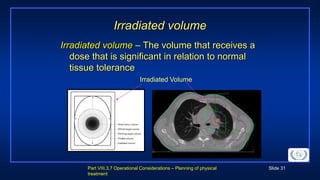 Part VIII.3.7 Operational Considerations – Planning of physical
treatment
Slide 31
Irradiated volume
Irradiated volume – The volume that receives a
dose that is significant in relation to normal
tissue tolerance
Irradiated Volume
 
