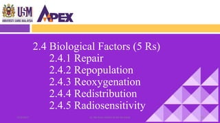 2.4 Biological Factors (5 Rs)
2.4.1 Repair
2.4.2 Repopulation
2.4.3 Reoxygenation
2.4.4 Redistribution
2.4.5 Radiosensitivity
3622/3/2017 Dr. Nik Noor Ashikin Bt Nik Ab Razak
 