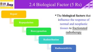 Repair
Repopulation
Reoxygenation
Redistribution
Radiosensitivity
•The biological factors that
influence the response of
normal and neoplastic
tissues to fractionated
radiotherapy
2.4 Biological Factor (5 Rs)
 