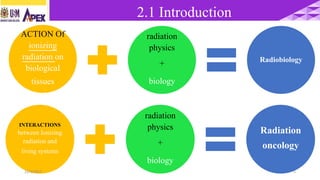 INTERACTIONS
between Ionizing
radiation and
living systems
radiation
physics
+
biology
Radiation
oncology
2.1 Introduction
522/3/2017
ACTION Of
ionizing
radiation on
biological
tissues
radiation
physics
+
biology
Radiobiology
 