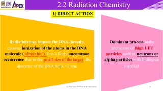 22/3/2017 Dr. Nik Noor Ashikin Bt Nik Ab Razak 8
2.2 Radiation Chemistry
Radiation may impact the DNA directly,
causing ionization of the atoms in the DNA
molecule (“direct hit”). It is a fairly uncommon
occurrence due to the small size of the target; the
diameter of the DNA helix =2 nm.
Dominant process in the
interaction of high LET
particles such as neutrons or
alpha particles with biological
material.
1) DIRECT ACTION
 