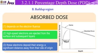 ABSORBED DOSE
(1) depends on the electron fluence
(2) high-speed electrons are ejected from the
surface and subsequent layers
(3) these electrons deposit their energy a
significant distance away from their site of origin
3.1.3 Percentage Depth Dose (PDD)3.2.1.1 Percentage Depth Dose (PDD)
B. Buildupregion
 