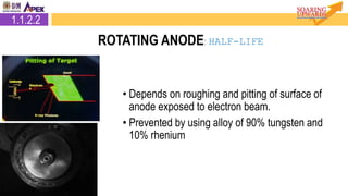 • Depends on roughing and pitting of surface of
anode exposed to electron beam.
• Prevented by using alloy of 90% tungsten and
10% rhenium
1.1.2.2
ROTATING ANODE: HALF-LIFE
 