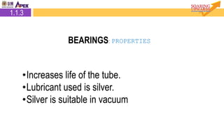 •Increases life of the tube.
•Lubricant used is silver.
•Silver is suitable in vacuum
1.1.3
BEARINGS: PROPERTIES
 