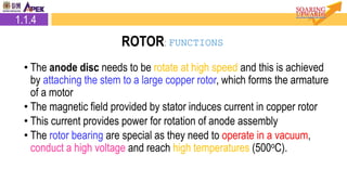 • The anode disc needs to be rotate at high speed and this is achieved
by attaching the stem to a large copper rotor, which forms the armature
of a motor
• The magnetic field provided by stator induces current in copper rotor
• This current provides power for rotation of anode assembly
• The rotor bearing are special as they need to operate in a vacuum,
conduct a high voltage and reach high temperatures (500oC).
1.1.4
ROTOR: FUNCTIONS
 