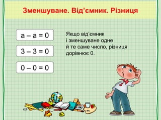 Зменшуване. Від’ємник. Різниця
a – a = 0
3 – 3 = 0
Якщо від’ємник
і зменшуване одне
й те саме число, різниця
дорівнює 0.
0...