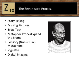 Story Telling  Missing Pictures Triad Task Metaphor Probe/Expand the Frame Sensory (Non-Visual) Metaphors Vignette Digital Imaging  The Seven-step Process 