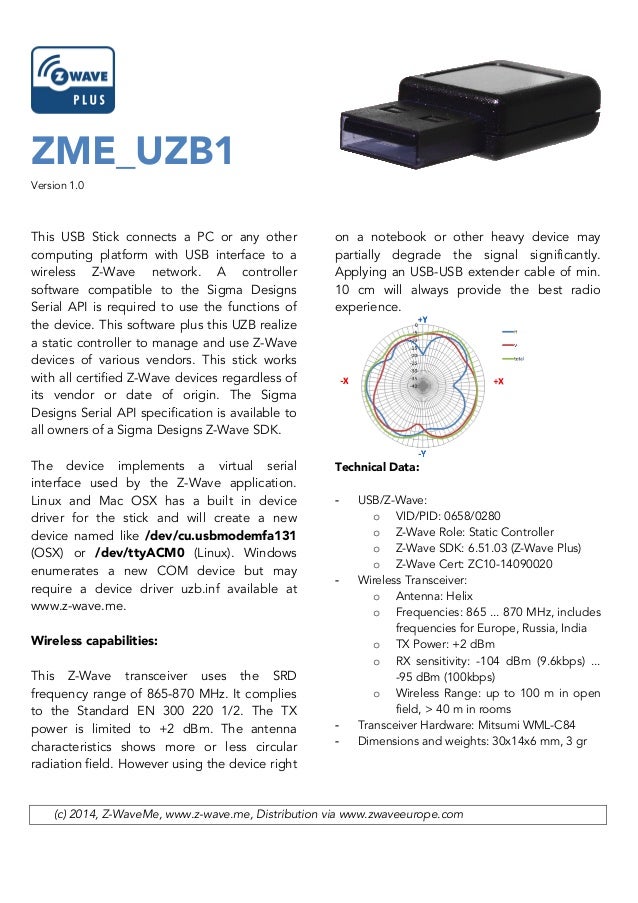 ZME_UZB1
Version 1.0
This USB Stick connects a PC or any other
computing platform with USB interface to a
wireless Z-Wave ...