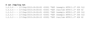 $ cat /tmp/log.txt
1.2.3.4 - - [17/Sep/2015:18:00:00 -0300] "GET /exemplo HTTP/1.1" 200 512
1.2.3.4 - - [17/Sep/2015:18:00:02 -0300] "GET /nao/tem HTTP/1.1" 404 42
1.2.3.3 - - [17/Sep/2015:18:00:05 -0300] "GET /exemplo HTTP/1.1" 200 512
1.2.3.3 - - [17/Sep/2015:18:00:10 -0300] "GET /exemplo HTTP/1.1" 200 512
1.2.3.3 - - [17/Sep/2015:18:00:10 -0300] "GET /nao/tem HTTP/1.1" 404 42
 