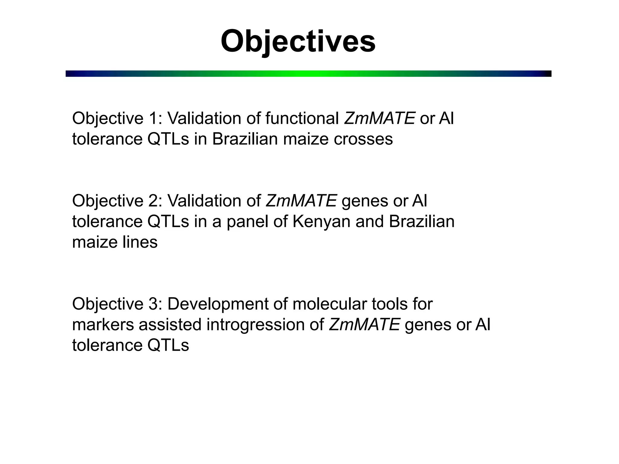 Objectives
Objective 1: Validation of functional ZmMATE or Al
tolerance QTLs in Brazilian maize crosses
Objective 2: Validation of ZmMATE genes or Al
tolerance QTLs in a panel of Kenyan and Brazilian
maize lines
Objective 3: Development of molecular tools for
markers assisted introgression of ZmMATE genes or Al
tolerance QTLs
 