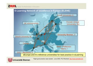 E-Learning Network of excellence in Europe (ELENE)

                                                               Umeå University S


                                                                              Finnish Virtual
           UK eUniversities                                                   University, SU




                                                               University Bremen, D
Utrecht University NL


         Canege, F
                                                              Metid - Politecnico
                                                                   Milano, I

  OUC – Barcelona, E
          eEurope and it‘s reference universities for best practice in eLearning
                        “Eight good practice case studies“, June 2003, PLS Ramboll, http://www.ramboll.com
 