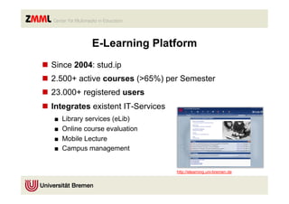 E-Learning Platform
n  Since 2004: stud.ip
n  2.500+ active courses (>65%) per Semester
n  23.000+ registered users
n  Integrates existent IT-Services
   ■    Library services (eLib)
   ■    Online course evaluation
   ■    Mobile Lecture
   ■    Campus management


                                      http://elearning.uni-bremen.de
 