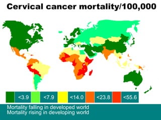 <3.9 <7.9 <14.0 <23.8 <55.6
Cervical cancer mortality/100,000
Mortality falling in developed world
Mortality rising in developing world
 