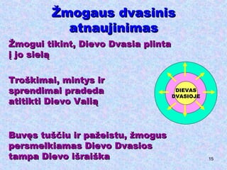 Žmogaus dvasinis atnaujinimas Žmogui tikint, Dievo Dvasia plinta į jo sielą Troškimai, mintys ir sprendimai pradeda atitikti Dievo Valią Buvęs tuščiu ir pažeistu, žmogus persmelkiamas Dievo Dvasios  tampa Dievo išraiška DIEVAS DVASIOJE 