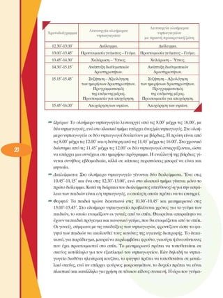 Χρονοδιάγραµµα 
12.30'-13.00' 
13.0C-13.45' 
13.45'-14.30' 
14.3C-15.15' 
15.15'-15.45' 
15.45'-16.00' 
Λειτουργία ολοήµερου 
νηπιαγωγείου 
Διάλειιχιχα. 
Προετοιµασία γεύµατος -  Γεύµα. 
Χαλάρωση  -  'Υπνος. 
Ανάπτυξη  διαθεµατικών 
δραστηριοτήτων. 
Συζήτηση - Αξιολόγηση 
των ηµερήσιων  δραστηριοτήτων. 
Προγραµµατισµός 
της επόµενης  µέρας. 
Προετοιµασία για αποχώρηση. 
Αποχώρηση  των νηπίων. 
Λειτουργία ολοήµερου 
νηπιαγωγείου 
µε πρωινή προαιρετική ζώνη 
Διάλειιχιια. 
Προετοιµασία γεύµατος -  Γεύµα. 
Χαλάρωση  -  'Υπνος. 
Ανάπτυξη  διαθεµατικών 
δραστηριοτήτων. 
Συζήτηση -Αξιολόγηση 
των ηµερήσιων  δραστηριοτήτων. 
Προγραµµατισµός 
της επόµενης  µέρας. 
Προετοιµασία για αποχώρηση. 
Αποχώρηση  των νηπίων. 
J 
Ωράριο:  Το  ολοήµερο  νηπιαγωγείο  λειτουργεί  από τις  8.00'  µέχρι  τις  16.00',  µε 
δυο νηπιαγωγούς, ενώ στο κλασικό τµήµα υπάρχει ένας/µία νηπιαγωγός. Στο  ολοή­
µερο  νηπιαγωγείο  οι  δύο νηπιαγωγοί  δουλεύουν  µε  βάρδιες. Η  πρώτη  είναι  από 
τις 8.00'  µέχρι τις 12.00' και η δεύτερη  από τις 11.45' µέχρι τις  16.00'. Στο  χρονικό 
διάστηµα  από τις  11.45' µέχρι  τις  12.00' οι  δύο νηπιαγωγοί  συνεργάζονται,  ώστε 
να υπάρχει  µια συνέχεια  στο  ηµερήσιο  πρόγραµµα. Η  εναλλαγή  της  βάρδιας γί­
νεται  συνήθως  εβδοµαδιαία, αλλά  σε  κάποιες  περιπτώσεις  µπορεί  να  είναι  και 
µηνιαία. 
Διαλείµµατα:  Στο  ολοήµερο  νηπιαγωγείο  γίνονται  δύο  διαλείµµατα.  Έ ν α  στις 
10.45'-11.15'  και  ένα  στις  12.30'-13.00',  ενώ  στο  κλασικό  τµήµα  γίνεται  µόνο  το 
πρώτο διάλειµµα. Κατά τη διάρκεια του διαλείµµατος υπεύθυνος/-η για την  ασφά­
λεια των παιδιών είναι  ο/η νηπιαγωγός, ο οποίος/ì] οποία πρέπει να τα  επιτηρεί. 
Φαγητό:  Τα  παιδιά  τρώνε  δεκατιανό  στις  10.30'-10.45'  και  µεσηµεριανό  στις 
13.00'-13.45'. Στο  ολοήµερο  νηπιαγωγείο  προβλέπεται  χρόνος  για  το γεύµα  των 
παιδιών, το  οποίο  ετοιµάζουν  οι  γονείς  από το  σπίτι.  Θεωρείται  απαραίτητο να 
έχουν τα παιδιά πρόγευµα  και κανονικό γεύµα, που θα ετοιµάζεται από το  σπίτι. 
Οι  γονείς,  σύµφωνα  µε τις υποδείξεις  των  νηπιαγωγών,  φροντίζουν  ώστε  το φα­
γητό  των  παιδιών να  ακολουθεί  τους  κανόνες  της  υγιεινής  διατροφής. Το  δεκα­
τιανό, για παράδειγµα, µπορεί να περιλαµβάνει  φρούτο, γιαούρτι ή ένα  σάντουιτς 
που  έχει  προετοιµαστεί  στο  σπίτι.  Το  µεσηµεριανό  πρέπει  να  τοποθετείται  σε 
σκεύος  κατάλληλο  για  τον  εξοπλισµό  του  νηπιαγωγείου.  Εάν  δηλαδή  το  νηπια­
γωγείο  διαθέτει  ηλεκτρική  κουζίνα, το  φαγητό πρέπει  να τοποθετείται  σε  µεταλ­
λικό  σκεύος,  ενώ  αν υπάρχει  φούρνος  µικροκυµάτων,  το  οοχείο  πρέπει  να  είναι 
πλαστικό  και κατάλληλο  για χρήση  σε  τέτοιου  είδους  συσκευή.  Η ώρα του  γεύµα-
 