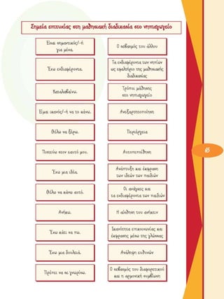 Σηµεία επιτυχίας  βτη  µανιακή διαδικαβία eco νηπιαγωγείο 
Εβαι  6ηµαντικός/-ή 
για  µένα. 
0  6εβα6µός  του  άλλου 
Έχω  ενδιαφέροντα. 
Τα ενδιαφέροντα των νηπίων 
ως εφαλτήριο  της  µανιακής 
διαδικαδίας 
Καταλαβαίνω. 
Τρόποι  µά^ηδης 
6το  νηπιαγωγείο 
Εµαι  ικανός/-ή  να το  κάνω.  Ανεξαρτητοποίηδη 
ΤΙεριέργεια Φέλω  να  ξέ^ω.  ΤΙεριέργεια 
ΤΙΐδτεΰω  6τον εαυτό  µου.  Αυτοπεποί^ηδη 
Έχω  µια ιδέα. 
Ανάπτυξη  και  έκ^ρ^
61
! 
των  ιδεών  των παιδιών 
Φέλω  να κάνω αυτό. 
Οι ανάγκες και 
τα  ενδιαφέροντα των παιδιών 
Ανήκω.  Μ αίδ^ηδη του  ανηκειν 
Έχω  κάτι  να πω. 
Ικανότητα  επικοινωνίας  και 
έκ<|>ρ4
6
Ίς  µέδω της γλω66ας 
Έχω  µια  δουλειά.  Ανάληψη  ευθυνών 
ΤΙρέπει  να 6ε γνωρίδω. 
0  6εβα6µός  του  διαφορετικού 
και  η αρµονική  6υµβίω6η 
 
