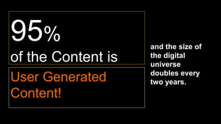 95%
of the Content is
User Generated
Content!
and the size of
the digital
universe
doubles every
two years.
 