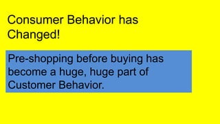 Consumer Behavior has
Changed!
Pre-shopping before buying has
become a huge, huge part of
Customer Behavior.
 