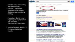 • Mixed messages regarding
the search results:
• Positive – MasterChef
finalists and the winner of
Barilla contest are leaving
for Italy
• Neagative – Barilla owner –
regarding the implication of
gay couples in
communication campaigns
• Neutral – Richard Hutton – a
Romanian Barilla like
investor
• 41.800 results
 
