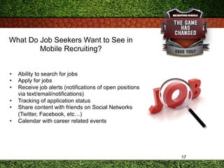 What Do Job Seekers Want to See in
Mobile Recruiting?
17
•  Ability to search for jobs
•  Apply for jobs
•  Receive job al...