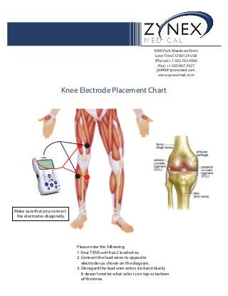 9990 Park Meadows Drive
Lone Tree,CO 80124 USA
(Phone) +1.303.703.4906
(Fax) +1.303.867.3927
jleffel@zynexmed.com
www.zynexmed.com
Knee Electrode Placement Chart
Make sure that you connect
the electrodes diagonally.
Please note the following:
1.Your TENS unit has 2 lead wires.
2.Connect the lead wires to opposite
electrodes as shown on the diagram.
3.Disregard the lead wire colors (red and black).
It doesn’t matter what color is on top or bottom
of the knee.
 