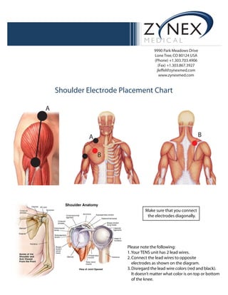 9990 Park Meadows Drive
Lone Tree,CO 80124 USA
(Phone) +1.303.703.4906
(Fax) +1.303.867.3927
jleffel@zynexmed.com
www.zynexmed.com
Shoulder Electrode Placement Chart
Please note the following:
1.Your TENS unit has 2 lead wires.
2.Connect the lead wires to opposite
electrodes as shown on the diagram.
3.Disregard the lead wire colors (red and black).
It doesn’t matter what color is on top or bottom
of the knee.
Make sure that you connect
the electrodes diagonally.
A
A
B
B
 