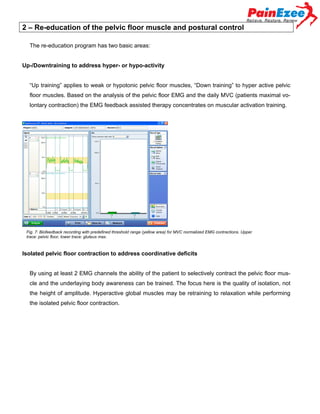 2 – Re-education of the pelvic floor muscle and postural control
The re-education program has two basic areas:
Up-/Downtraining to address hyper- or hypo-activity
“Up training” applies to weak or hypotonic pelvic floor muscles, “Down training” to hyper active pelvic
floor muscles. Based on the analysis of the pelvic floor EMG and the daily MVC (patients maximal volontary contraction) the EMG feedback assisted therapy concentrates on muscular activation training.

Fig. 7: Biofeedback recording with predefined threshold range (yellow area) for MVC normalized EMG contractions. Upper
trace: pelvic floor, lower trace: gluteus max.

Isolated pelvic floor contraction to address coordinative deficits
By using at least 2 EMG channels the ability of the patient to selectively contract the pelvic floor muscle and the underlaying body awareness can be trained. The focus here is the quality of isolation, not
the height of amplitude. Hyperactive global muscles may be retraining to relaxation while performing
the isolated pelvic floor contraction.

 